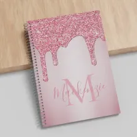 Girly Blush Pink Sparkle Glitter Drips Monogram Notebook