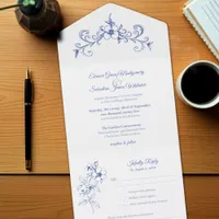 Elegant Vintage Romance Dusty Blue Floral Wedding All In One Invitation