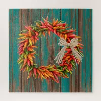 Southwest Chile Ristra Wreath Weathered Blue Wood Jigsaw Puzzle