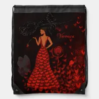 woman in red dress drawstring bag