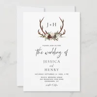 Boho Rustic Floral Antlers Wedding Invitation