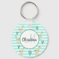 Lama and cactus on green white stripes name keychain