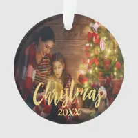 Christmas family photo gold script ornament