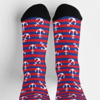 Nautical Blue Red Stripes and Anchors Cruise Ship Socks