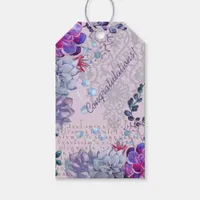 Blue purple pink watercolor succulents lace text gift tags