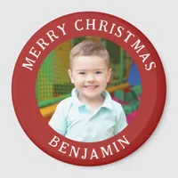 Merry Christmas, Kids Photo And Name Red Magnet