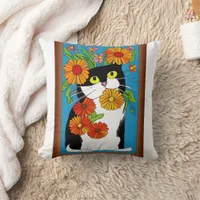 Black and White Cat with Yellow Flowers Throw Pillow