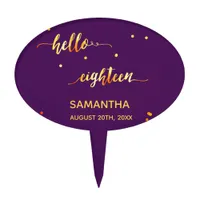 18th birthday purple gold hello 18 script name cake topper