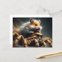 Funny adorable hamster riding a giant spider postcard