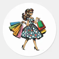 Let's Go Shopping! Funny Woman with Bags Classic Round Sticker