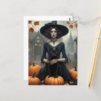 Witch and Black Cat With Pumpkins Postcard