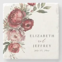 Elegant Boho Burgundy Blush Floral Wedding Stone Coaster