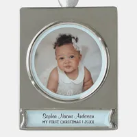 My First Christmas Custom Photo Name Cute Blue Silver Plated Banner Ornament