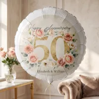 Blush Watercolor Floral Golden 50th Anniversary Balloon