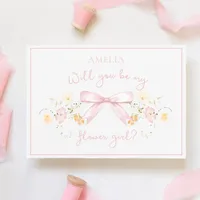 Chic Flower Girl Proposal with Bow and Name Pink Card