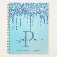 Glam Blue Glitter Drips Elegant Monogram   Planner