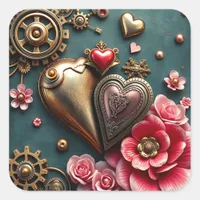 old Metal Hearts and Gears Steampunk Square Sticker