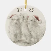 Dated Angora Goat  Trio Santa Hat Christmas Ceramic Ornament