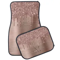 Monogram Brushed Rose Gold Metal and Glitter Drip Car Floor Mat