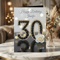 Glamorous 30th Birthday Black Diamonds White Rose  Card