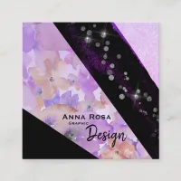 *~* Modern Floral Abstract Glitter Geometric Black Square Business Card