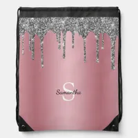 Rose Gold Pink Glitter Drips Sparkle Monogram Name Drawstring Bag