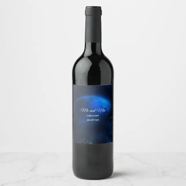 Celestial wedding Full Blue Moon & Stars Midnight Wine Label