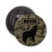 Modern Brown Camo Black Wolf Silhouette Monogram | Bottle Opener