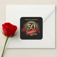 Red Roses Golden 50th Wedding Anniversary Square Sticker