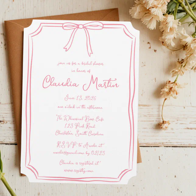 Whimsical Hand Drawn Bow Bridal Shower Invitation