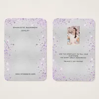 Silver purple glitter earrings photo display card