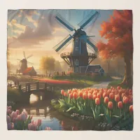 Windmill in Dutch Countryside by River with Tulips Scarf