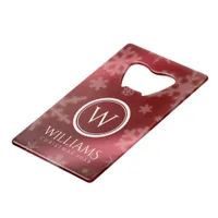Festive Red Foil Snowflakes Monogram Name Credit Card Bottle Opener
