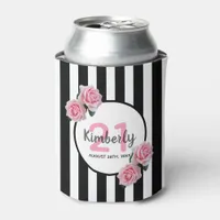 21st birthday party pink florals black stripes can cooler