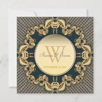 Modern Lace Monogram Teal Gold Wedding Invitation