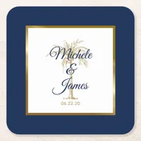 Elegant Navy Blue Gold Palm Tree Modern Wedding Square Paper Coaster