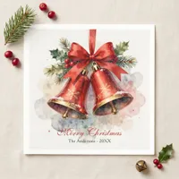 Elegant Vintage Watercolor Red Bells Christmas Napkins