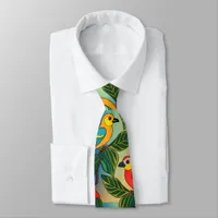 Vibrant Parrots Perched Among Leaves Neck Tie