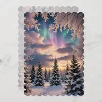 Snowy winter forest, ice crystals, northern lights