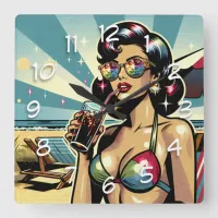 Beautiful Pinup Woman with a Cola on the Beach Square Wall Clock