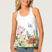 Yellow Lily, Pink and White Peonies, and Butterfly Tank Top