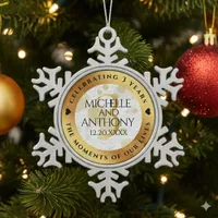 Elegant 3rd Leather Wedding Anniversary Snowflake Pewter Christmas Ornament