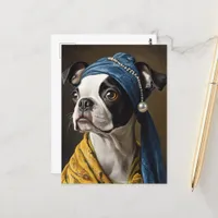 Boston Terrier With Pearl Earring Fine Art Parody Postcard