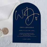 Minimalist Navy Blue and Gold Script We Do Wedding Acrylic Invitations