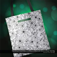 Hand Drawn Floral White Black Pattern & Green Name Tote Bag