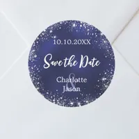 Navy blue silver wedding Save the Date Classic Round Sticker