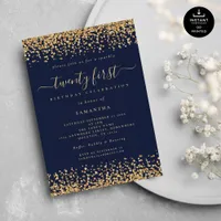 Gold Glitter Script Navy Blue Glam 21st Party Invitation