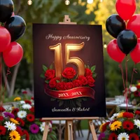 Red Roses & Gold Number 15th Wedding Anniversary Foam Board