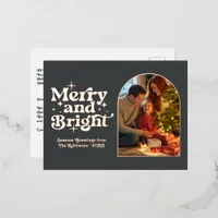 Rose Gold and Charcoal Merry & Bright Retro Xmas Foil Holiday Postcard