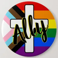 Ally and Cross with Progress Pride Flag Button